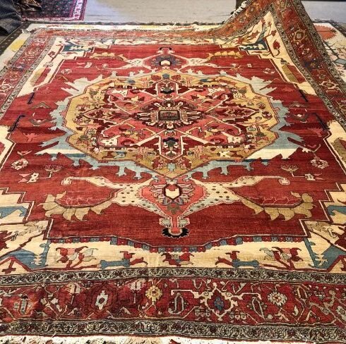 Deep terracotta, beige , ivory, and beige with subtle accents in soft pink and pale blue