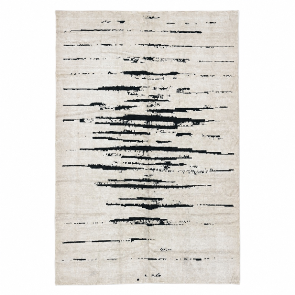 A beautifully handwoven contemporary rug crafted in Turkey from reclaimed hemp kilim yarn. Featuring an ivory base with bold, irregular black lines, this modern piece blends natural texture with refined minimalism — perfect for interiors that value clean design and artisanal craftsmanship, 9' x 12' 