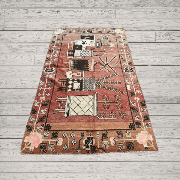 A striking antique Khotan rug with a vibrant red-orange field and a sequence of stylized vases. Bold yet refined, this piece blends geometric structure with expressive botanical forms, 4'6" x 7'10"