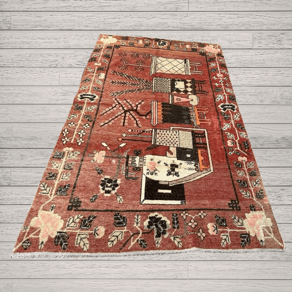 A striking antique Khotan rug with a vibrant red-orange field and a sequence of stylized vases. Bold yet refined, this piece blends geometric structure with expressive botanical forms, 4'6" x 7'10"