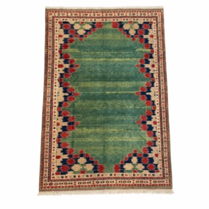 Vintage Turkish Rug | Green Field  Geometric Border | 9x11
