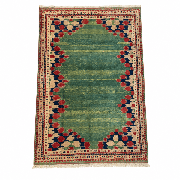 Vintage Turkish Rug | Green Field  Geometric Border | 9x11