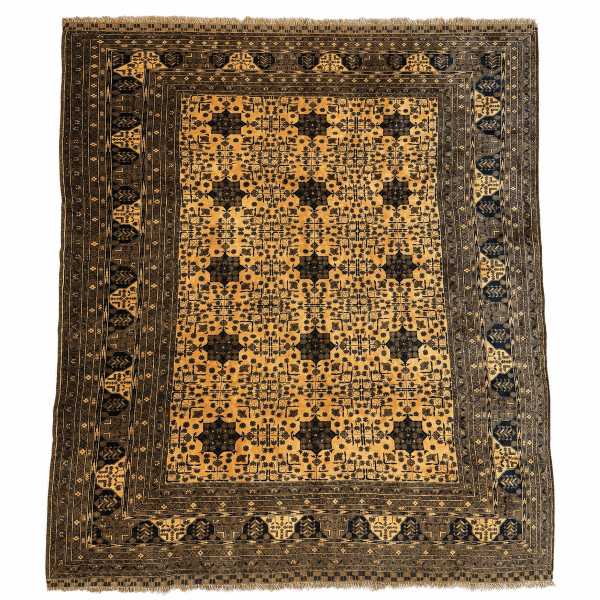 Vintage Afghan Rug 9x10 – 8-Point Star Motif in Golden Beige