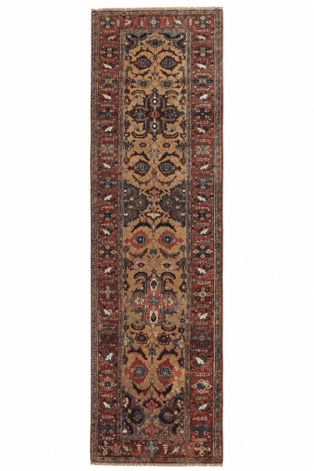 Antique Bijar Runner | Golden Beige Field with Red Floral Border | 4x15