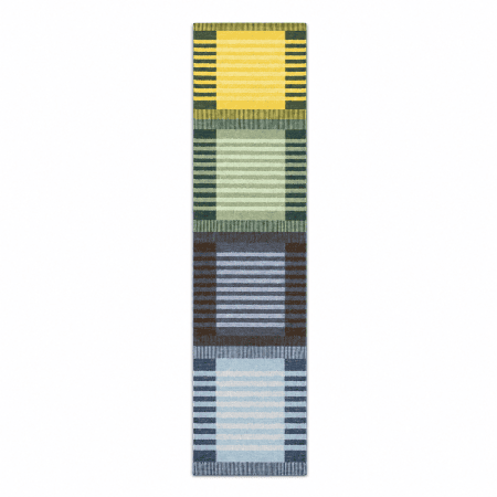 A beautifully balanced handwoven kilim runner with a bold yet refined Scandinavian-inspired color block design. This piece translates modern minimalism into a warm, textural flatweave, 1'8" x 8'8"