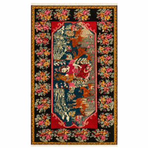 Vintage Karabagh Pictorial Rug 5x8 – Folk Art Rug With Girl & Deer