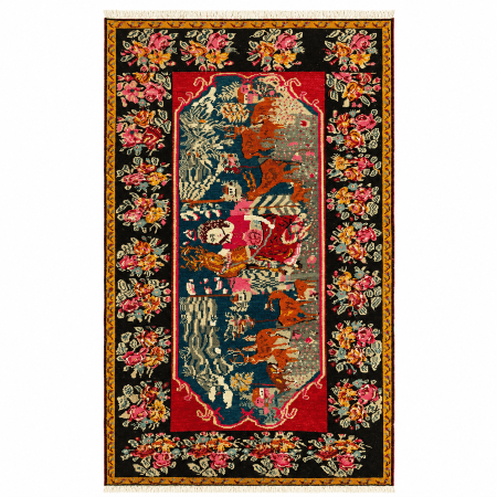 Vintage Karabagh Pictorial Rug 5x8 – Folk Art Rug With Girl & Deer