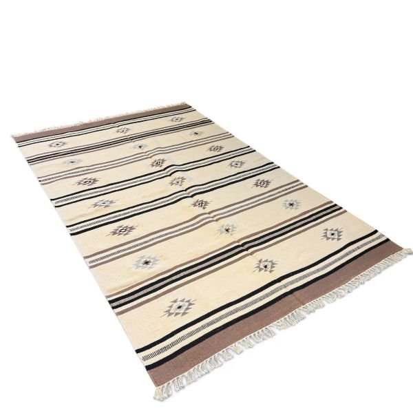 Handwoven Indian Kilim Rug | Ivory Field With Striped Tribal Design | 6x9