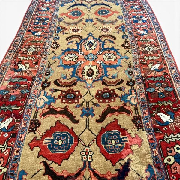 Antique Bijar Runner | Golden Beige Field with Red Floral Border | 4x15