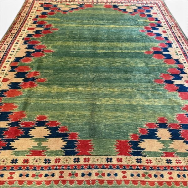 Vintage Turkish Rug | Green Field  Geometric Border | 9x11