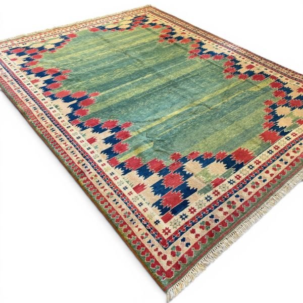 Vintage Turkish Rug | Green Field  Geometric Border | 9x11