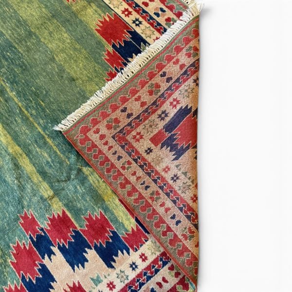 Vintage Turkish Rug | Green Field  Geometric Border | 9x11