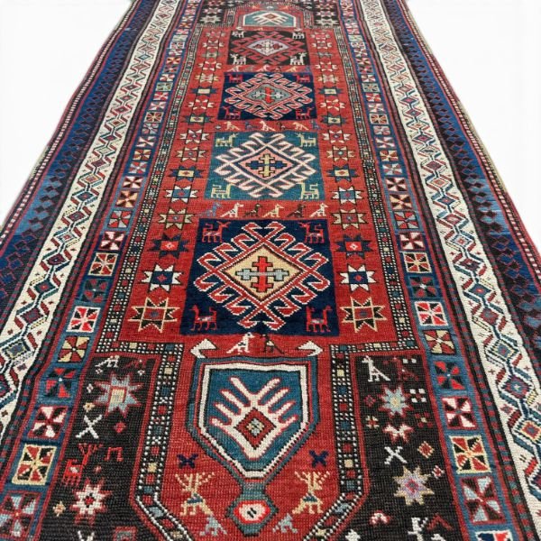 Antique Kazak Runner | Tribal Medallions & Animal Motifs | 3x8