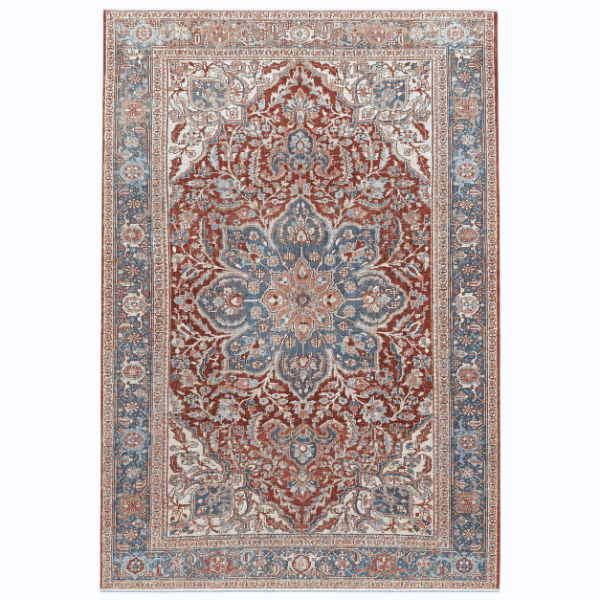 An exceptional antique Heriz rug featuring a soft floral medallion set within a richly decorated red field. Antique washed for a beautifully muted and timeless palette, 7'9" x 10'9" 