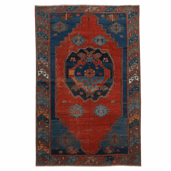 Antique Kazak Rug | Bold Red Field with Blue Medallion | 4x6
