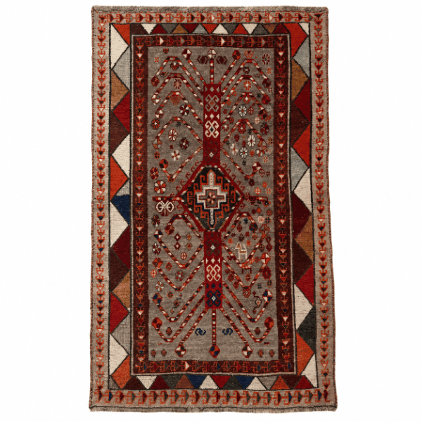 Antique Qashqai Rug | Geometric Medallions and Bold Tribal Border | 4x7