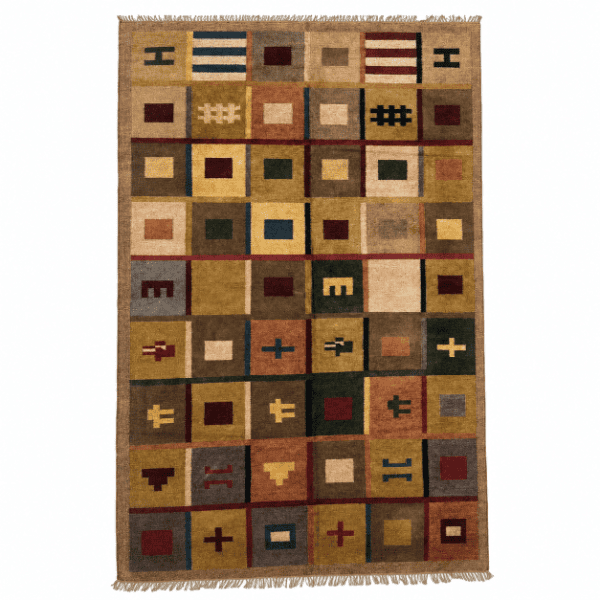 A unique vintage silk rug with a distinctly modern 1970s–80s aesthetic, featuring a grid of geometric squares and a warm, earthy palette. Fully reversible for added versatility.