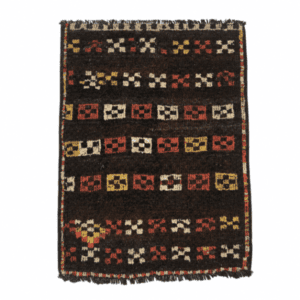A rare antique Konya rug featuring a striking abstract geometric design set against a deep brown field. With its rhythmic pattern and softened palette, this piece feels both timeless and unexpectedly modern, 3' x 3'5"