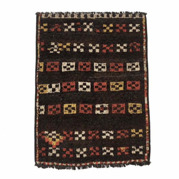 A rare antique Konya rug featuring a striking abstract geometric design set against a deep brown field. With its rhythmic pattern and softened palette, this piece feels both timeless and unexpectedly modern, 3' x 3'5"