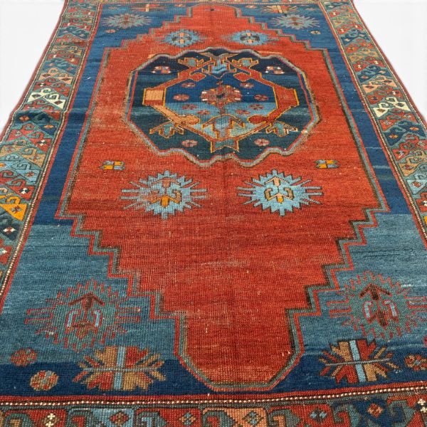 Antique Kazak Rug | Bold Red Field with Blue Medallion | 4x6