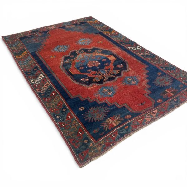 Antique Kazak Rug | Bold Red Field with Blue Medallion | 4x6