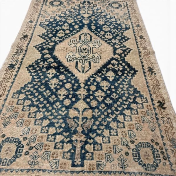 Antique Qashqai Rug | Ivory Field with Blue Geometric Medallion | 3x5