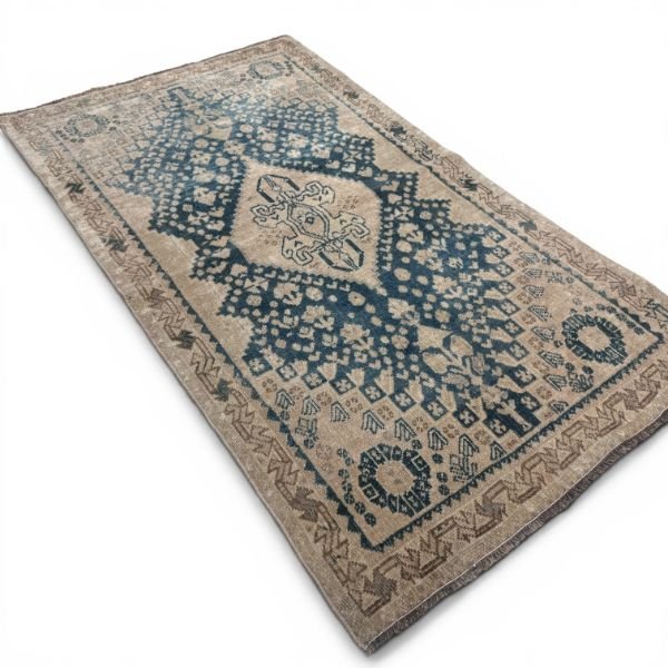 Antique Qashqai Rug | Ivory Field with Blue Geometric Medallion | 3x5