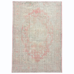 A timeless antique Turkish rug, naturally faded by age, featuring a soft beige field and a beautifully muted red central medallion. Its understated neutral palette and authentic patina give it an effortlessly elegant character, 7'6" x 10'8"