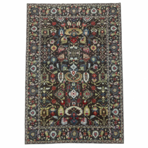 Handmade floral rug A striking new Afghan rug featuring an incredible allover floral design on a deep brown field. Large-scale floral motifs in ivory, red, blue, and light green create a rich and distinctive composition, 10' x 12'5"
