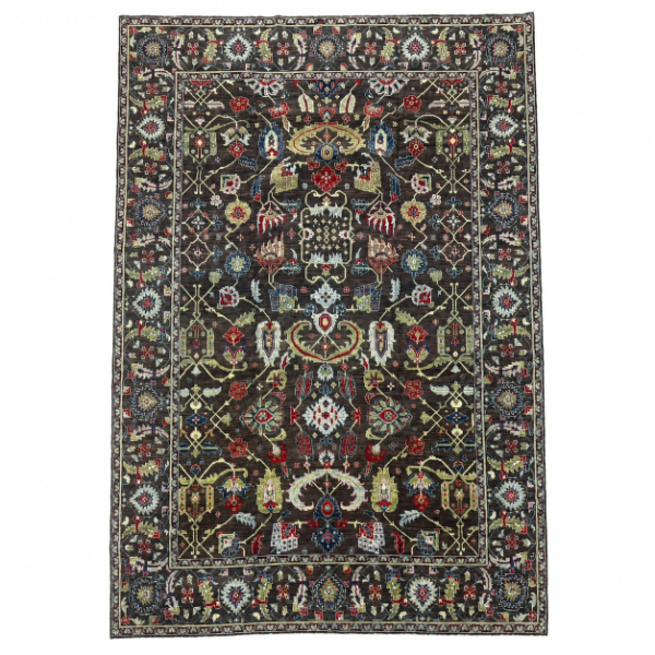 A striking new Afghan rug featuring an incredible allover floral design on a deep brown field. Large-scale floral motifs in ivory, red, blue, and light green create a rich and distinctive composition, 10' x 12'5"