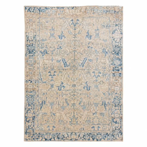 Antique Heriz Rug | Faded Ivory with Blue Stylized Motifs | 7x9