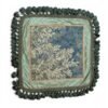 antique silk tapestry cushion cover Antique silk tapestry cushion cover featuring a blue and ivory floral center, aqua silk, braided trim, and tassel fringe. 23x23 one-of-a-kind accent.
