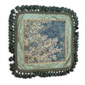 Antique silk tapestry cushion cover featuring a blue and ivory floral center, aqua silk, braided trim, and tassel fringe. 23x23 one-of-a-kind accent.