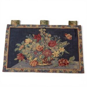 Vintage 1960s Chinese handmade tapestry in an Aubusson-inspired floral design, woven in wool on cotton. Features a colorful floral bouquet against a deep navy ground and an intricate floral border.