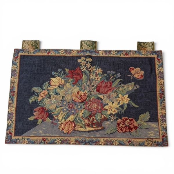Vintage 1960s Chinese handmade tapestry in an Aubusson-inspired floral design, woven in wool on cotton. Features a colorful floral bouquet against a deep navy ground and an intricate floral border.