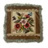 Cushion Cover Vintage 18x18 Savonnerie-style floral cushion cover with a rug panel, brown velvet surround, ornate trim, and decorative fringe.