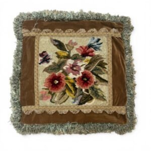 Vintage 18x18 Savonnerie-style floral cushion cover with a rug panel, brown velvet surround, ornate trim, and decorative fringe.