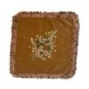 Vintage Embroidered Velvet Cushion Cover – Floral Bouquet, 16x16 Vintage velvet cushion cover with an embroidered floral bouquet in ivory, sage, dark green, and beige, finished with decorative fringe on all four sides. A charming accent for a collected interior.