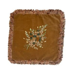 Vintage Embroidered Velvet Cushion Cover – Floral Bouquet, 16x16 Vintage velvet cushion cover with an embroidered floral bouquet in ivory, sage, dark green, and beige, finished with decorative fringe on all four sides. A charming accent for a collected interior.