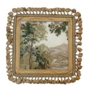 French Silk Aubusson-Style Landscape Cushion Cover, 20" x 20" A gorgeous vintage French cushion cover featuring an exquisite Aubusson-style landscape panel in silk. The traditional pastoral scene is framed by a decorative border and finished with tassel fringe all around.