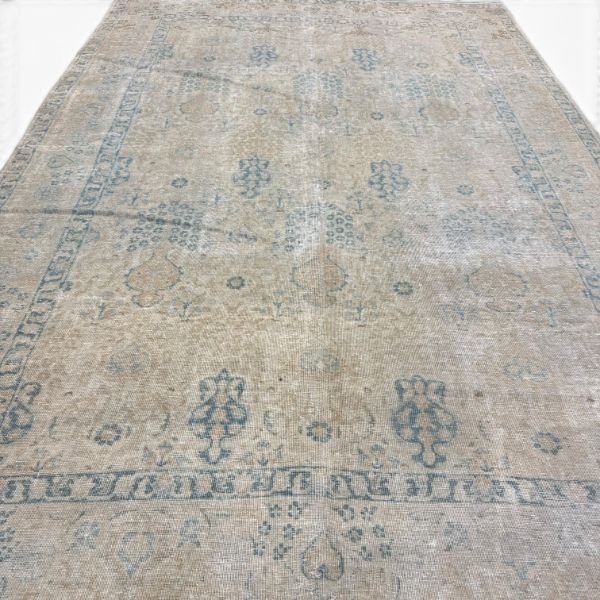 Antique Tabriz Rug  | Faded Ivory With Delicate Blue Floral Motifs | 7x10