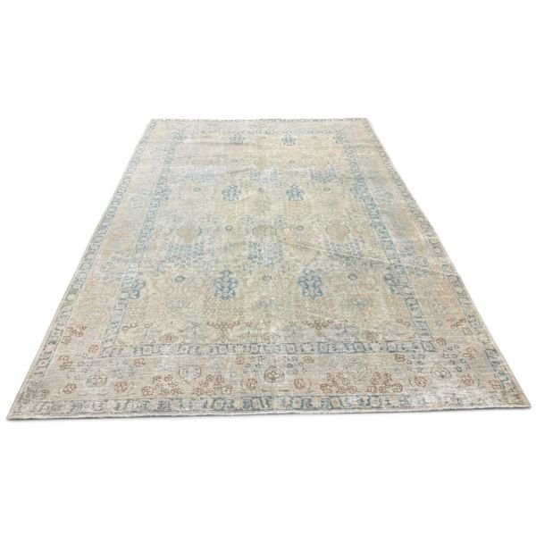 Antique Tabriz Rug  | Faded Ivory With Delicate Blue Floral Motifs | 7x10