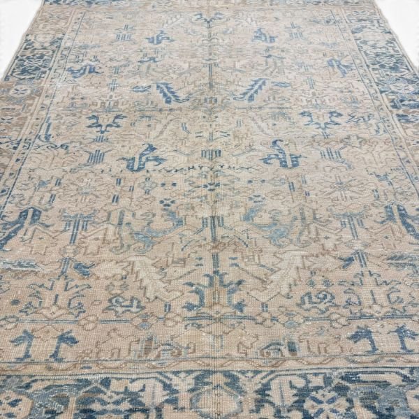 Antique Heriz Rug | Faded Ivory with Blue Stylized Motifs | 7x9