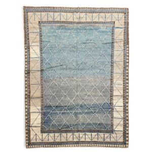 New Oushak Rug – Organic Wool, Natural Dyes & Abstract Blue and Ivory Design