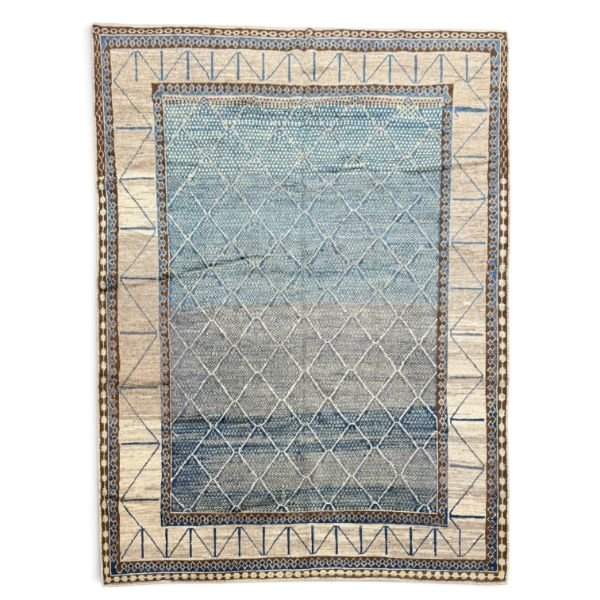 New Oushak Rug – Organic Wool, Natural Dyes & Abstract Blue and Ivory Design