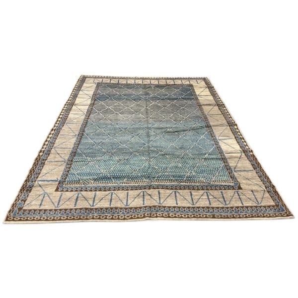 New Oushak Rug – Organic Wool, Natural Dyes & Abstract Blue and Ivory Design