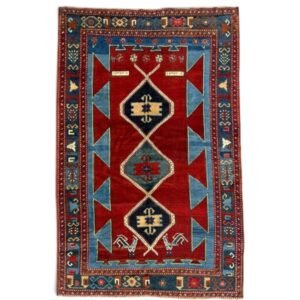 Antique Kazak Rug – Bold Red, Turquoise & Tribal Geometric Design