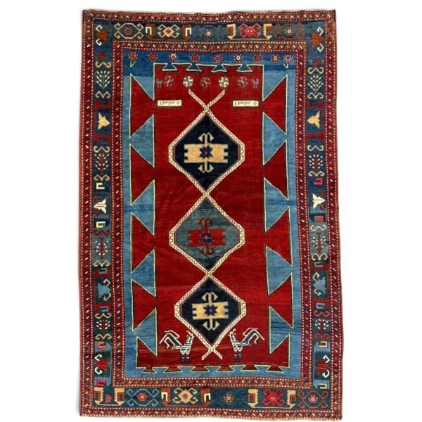 Antique Kazak Rug – Bold Red, Turquoise & Tribal Geometric Design