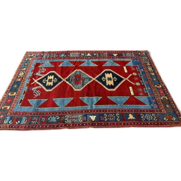 Antique Kazak Rug – Bold Red, Turquoise & Tribal Geometric Design