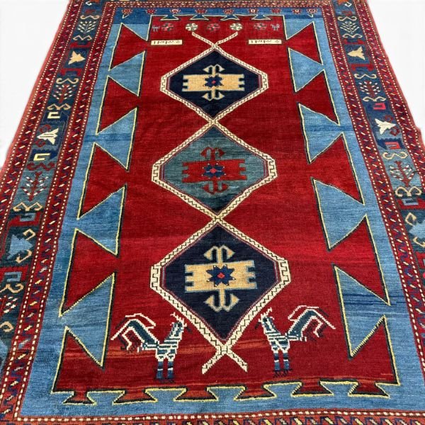 Antique Kazak Rug – Bold Red, Turquoise & Tribal Geometric Design